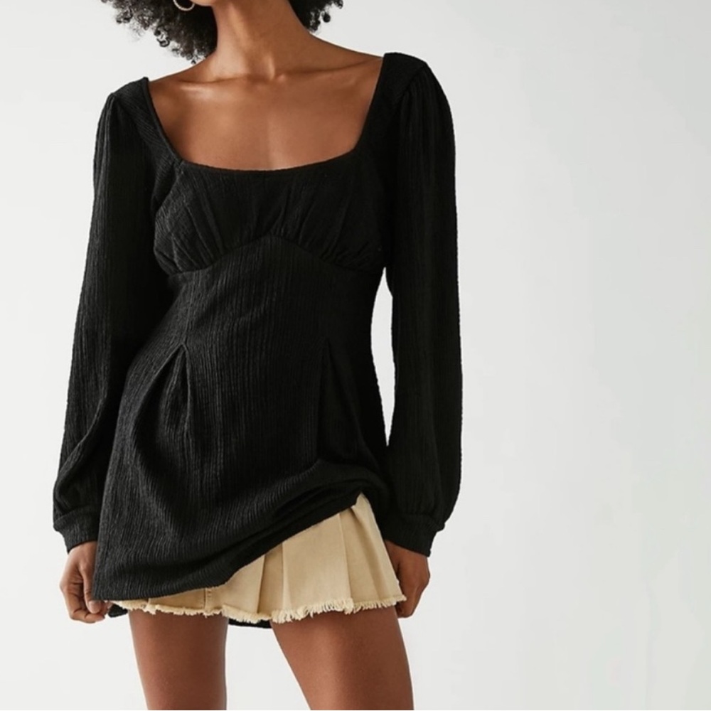 Free People Black Puff Sleeve Smocked Dress